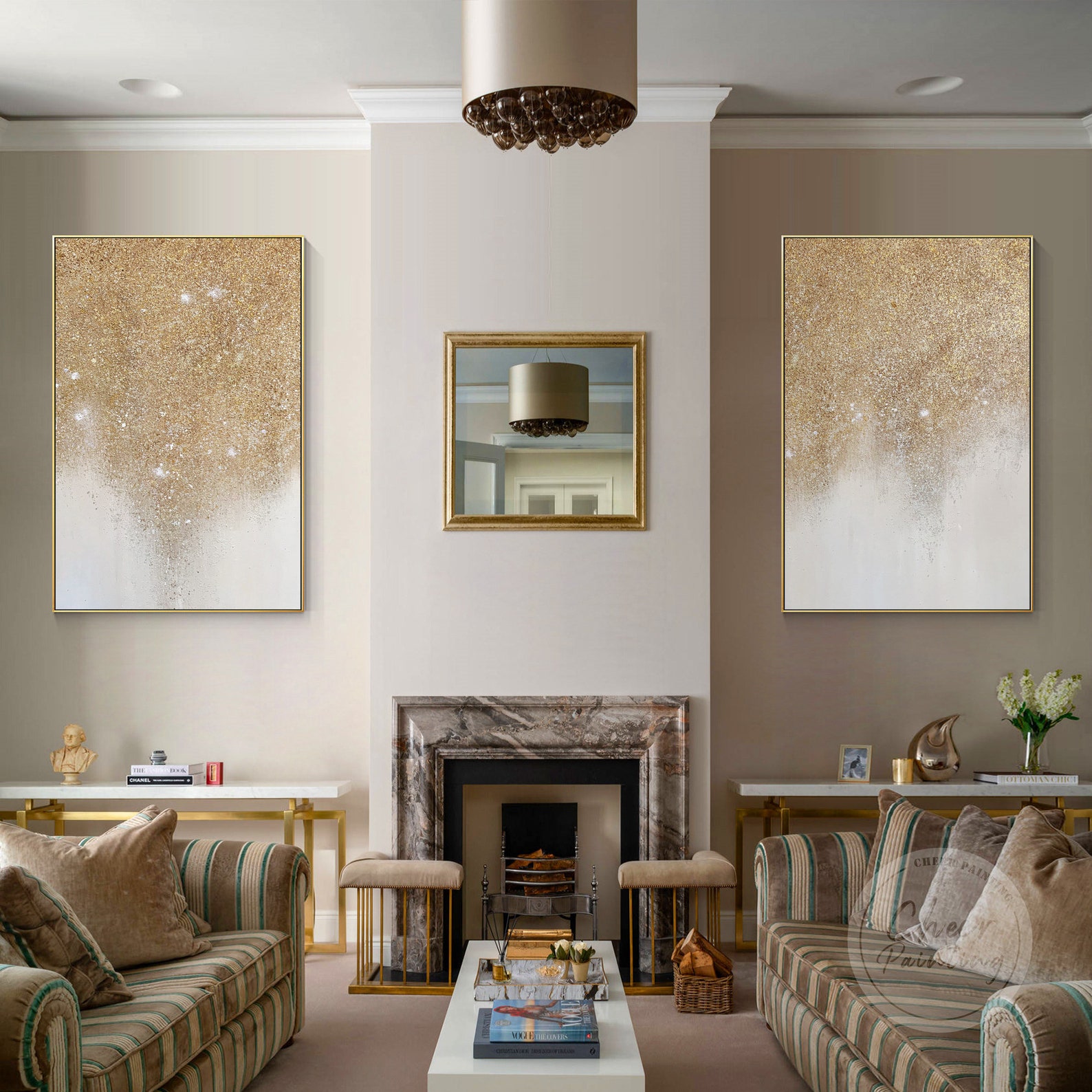 Set of 2 Gold Glitter Abstract Painting Luxurious Pale Gold Etsy