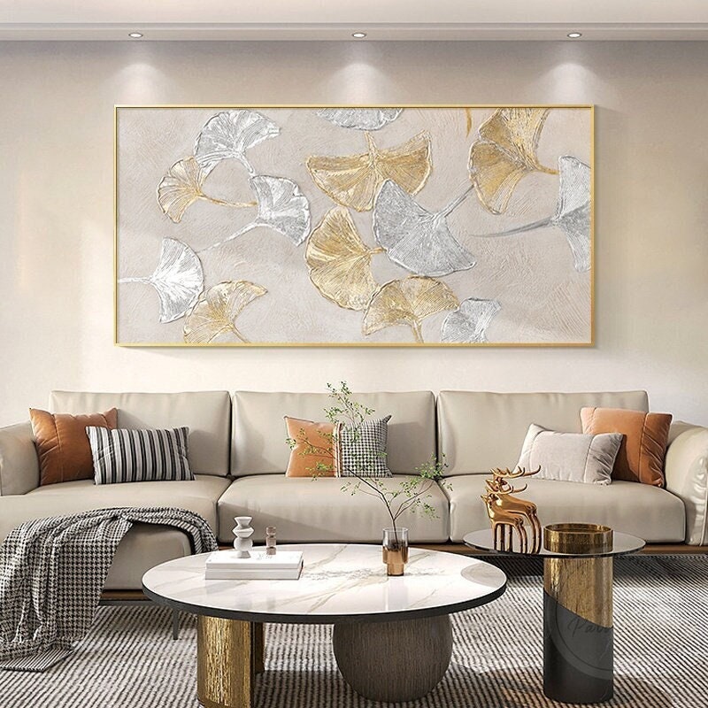 Scultura Foglia Di Ginkgo Dorata 28x14cm - Decorazione Moderna Per Casa E Ufficio, Base In Marmo, Design Elegante