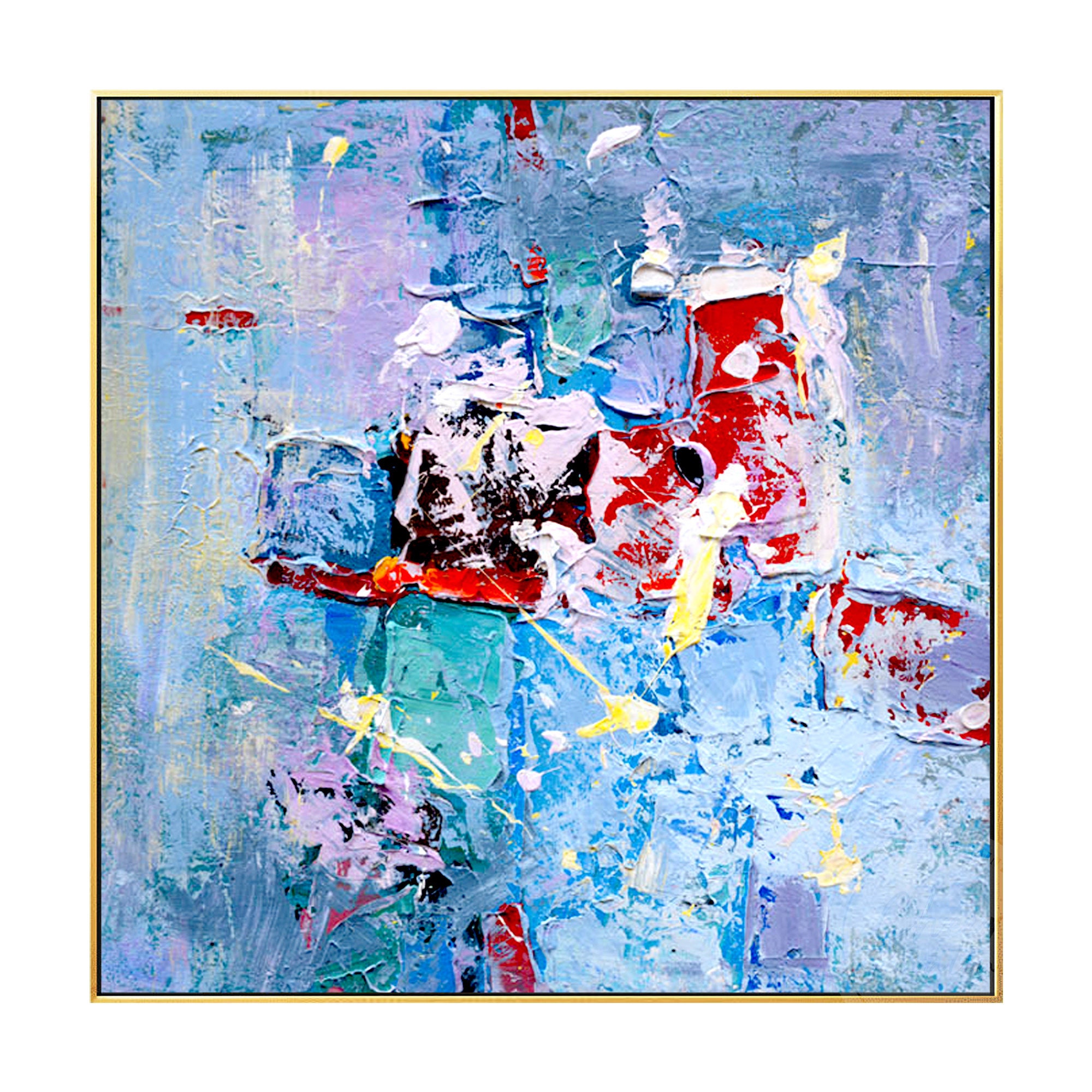 Abstract Fish Red Blue Light Blue Abstract Painting: Red Koi Fish, Heavy Texture, Framed Wall ...