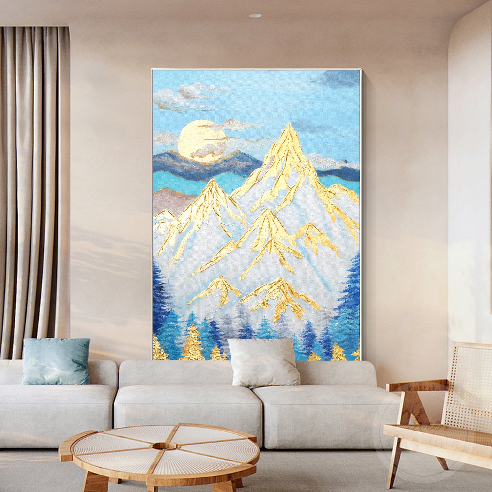Landscape Painting Gold Leaf Mountain Moon Abstract Wall Art - Etsy