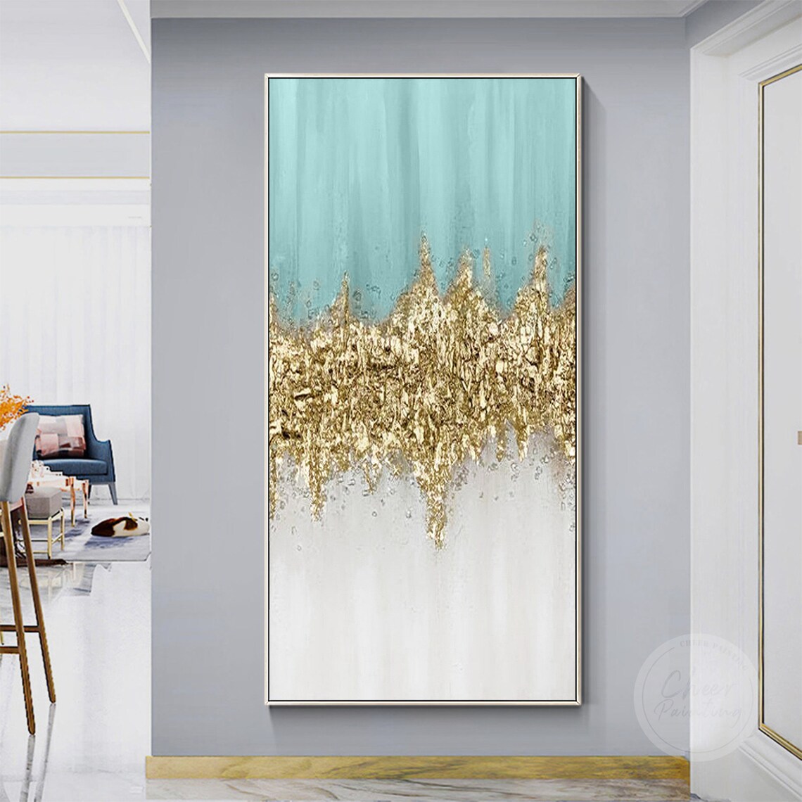 Modern Art Light Blue Gold Wave Abstract Painting Texture Wall - Etsy