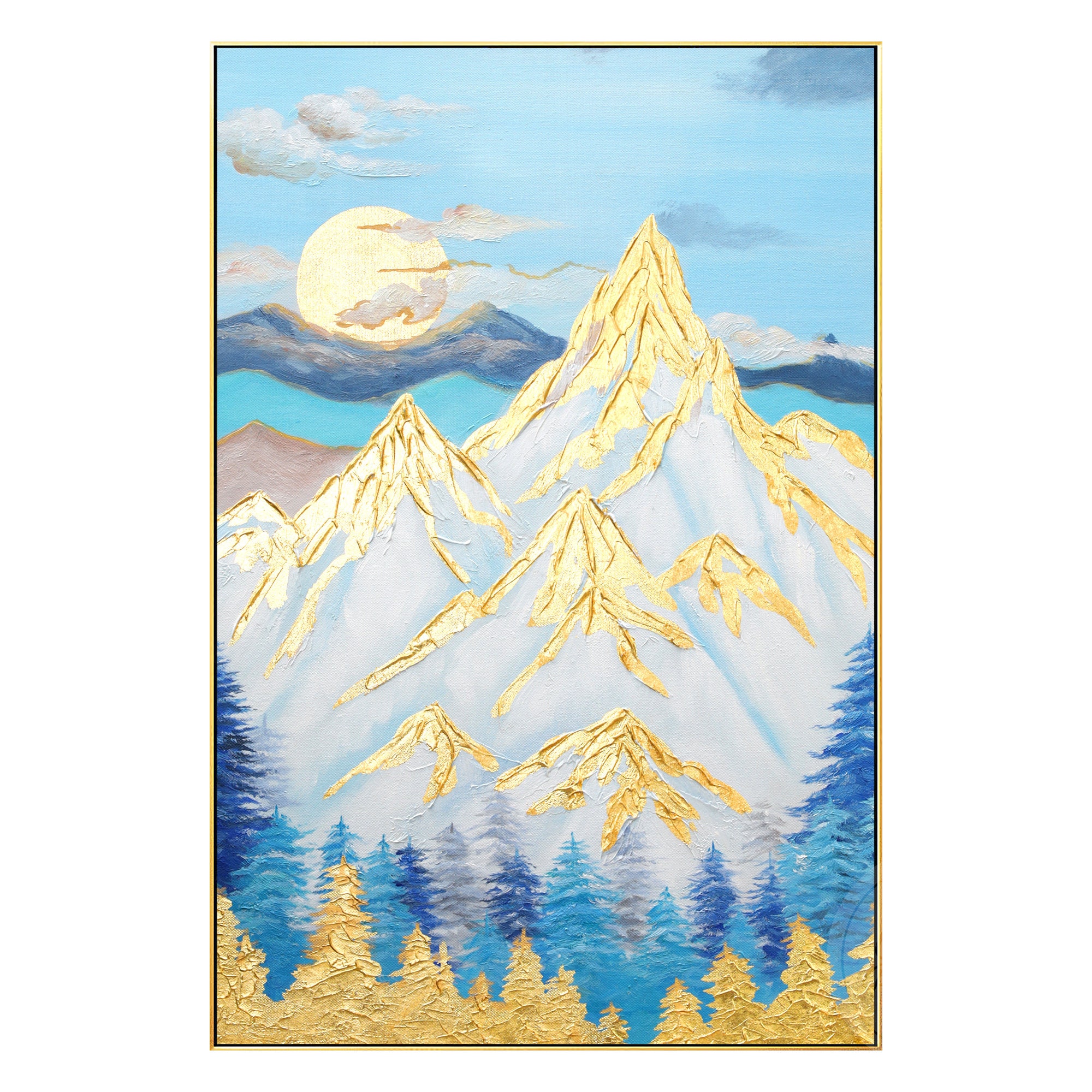 Landscape Painting Gold Leaf Mountain Moon Abstract Wall Art - Etsy
