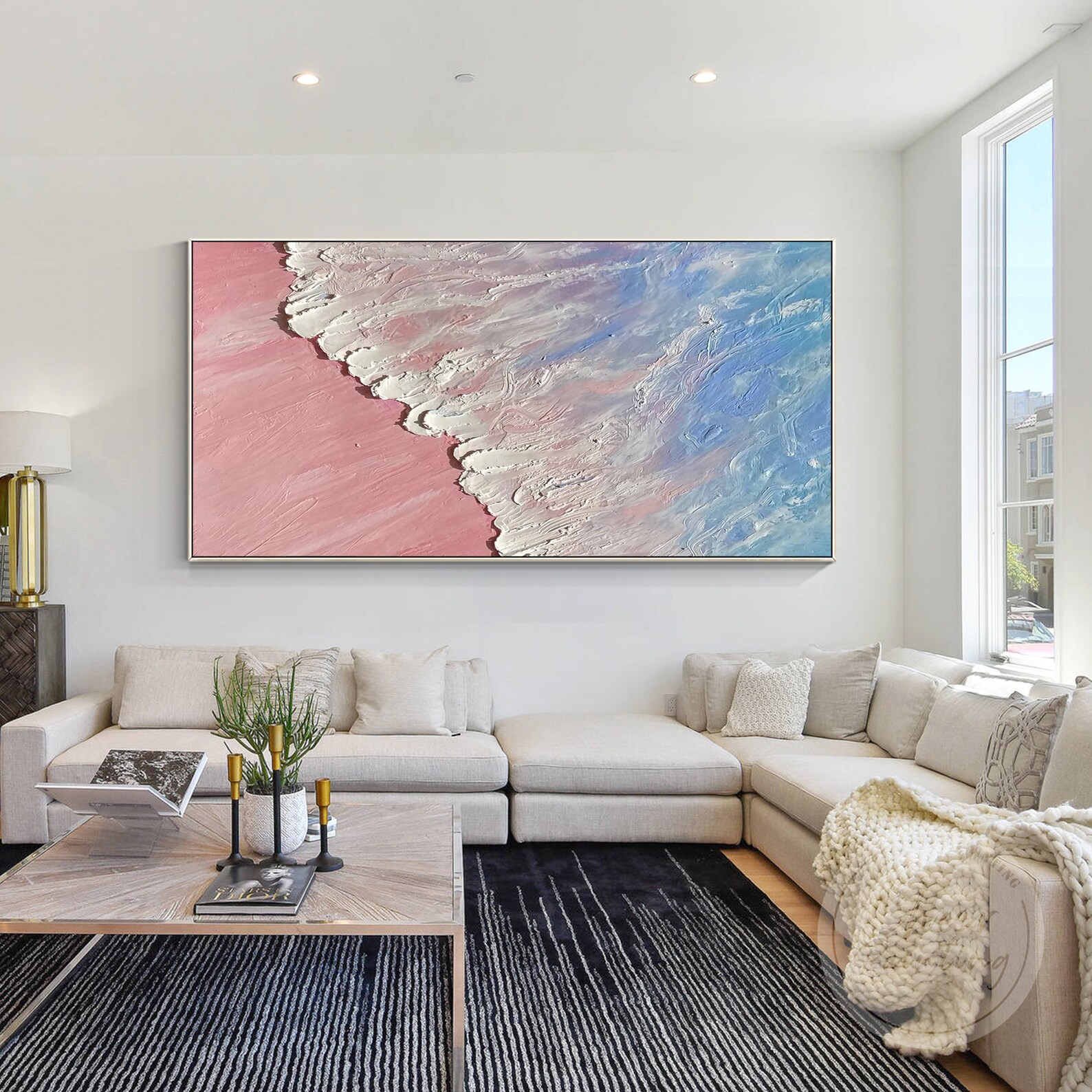 Light Blue Ocean Textured Art Pink Beach Painting Palette Etsy