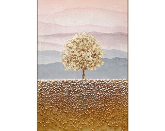 金箔の木の絵画：質感のある抽象的な風景画 - Etsy 日本