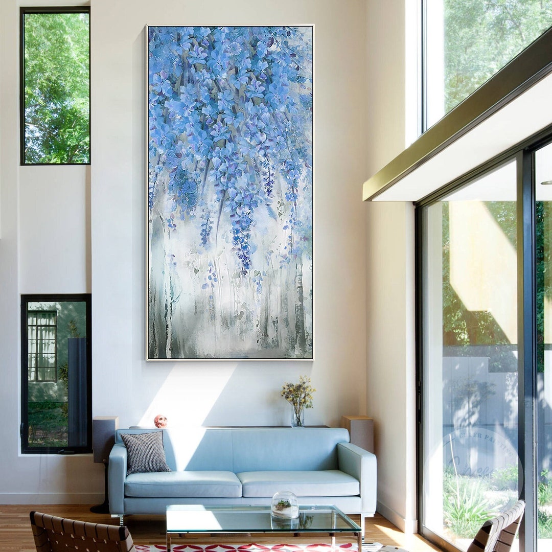 Abstract Blue Blooming Tree Painting,landscape Abstract Floral Wall Art,large Acrylic Texture