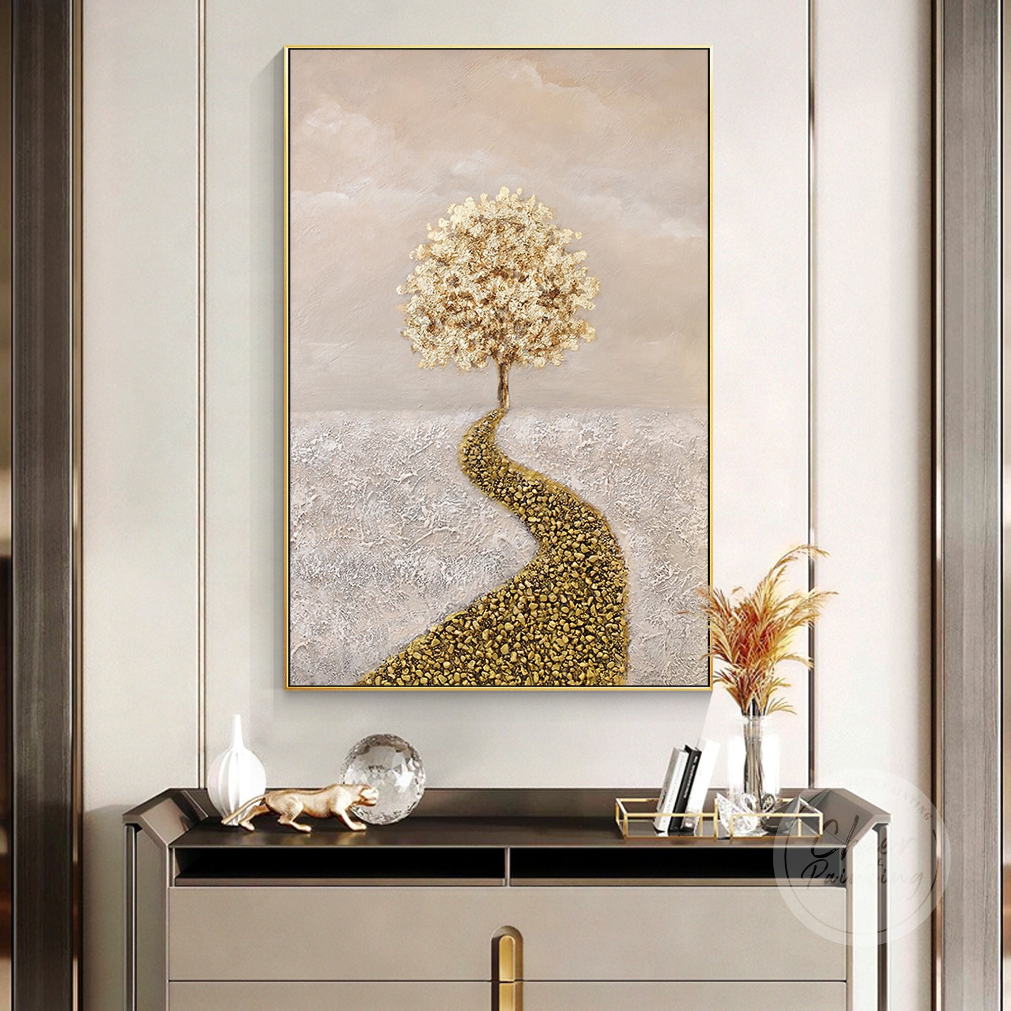 Handgemaltes Ölgemälde Auf Leinwand – Goldener Baum Mit 3D-Textur, 120x60 Cm, Moderne Wandkunst Für Wohnzimmer & Büro