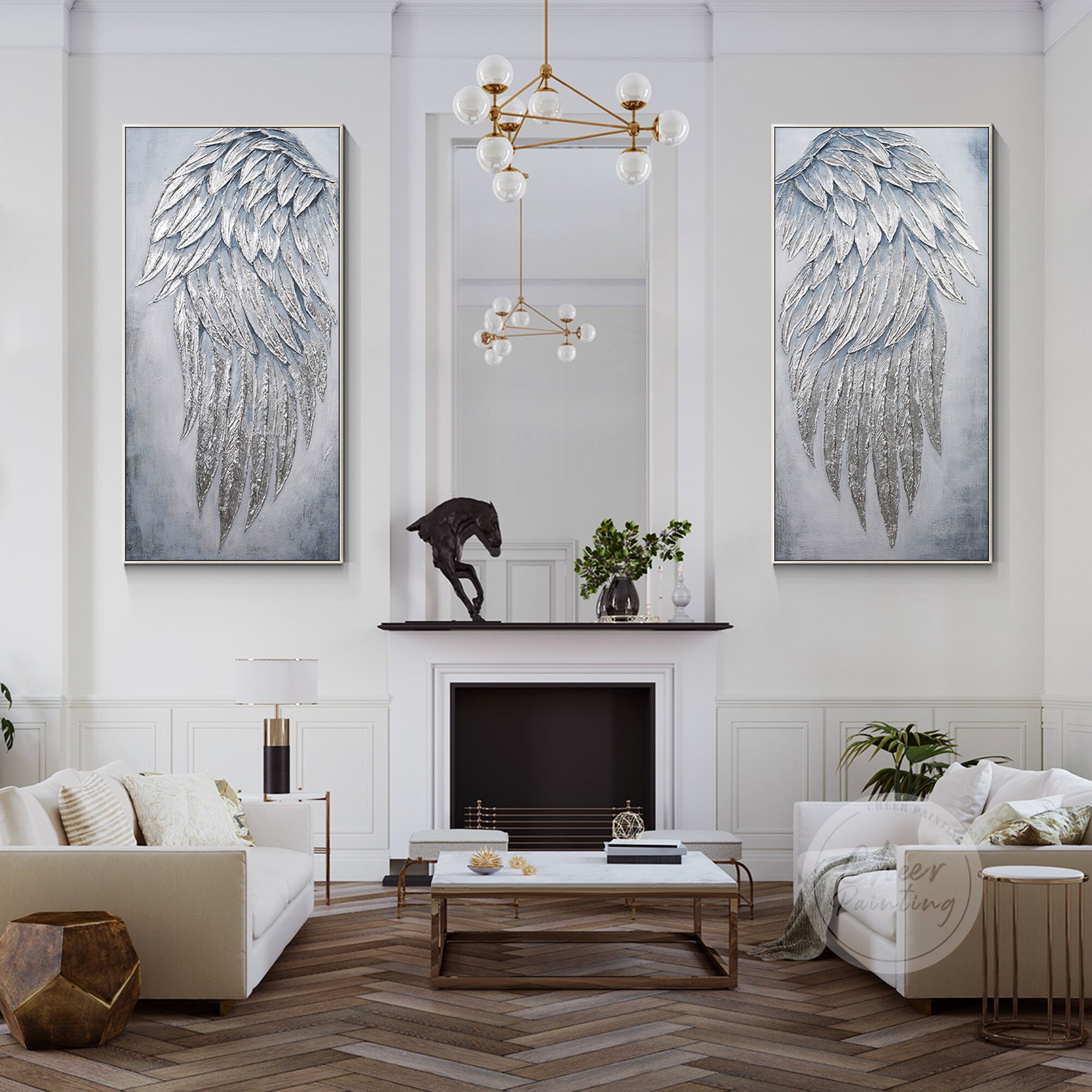 Set of 2 Silver Angel Wings Painting: Modern Abstract Framed Wall Art ...