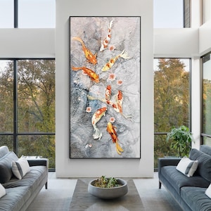 Large 9 koi fish art painting, red fish wall art,large framed art,feng shui art,large koi wall art,feng shui decor.Cheerpaint.lucky art