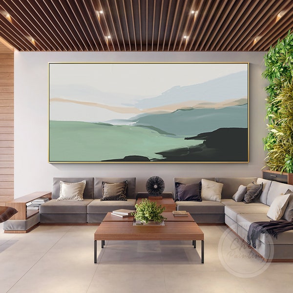 Green sage Mountain Landscape Painting,Watercolor Minimalist Abstract art,Extra Large Framed Wall Art  Beige Original oil painting rectangle