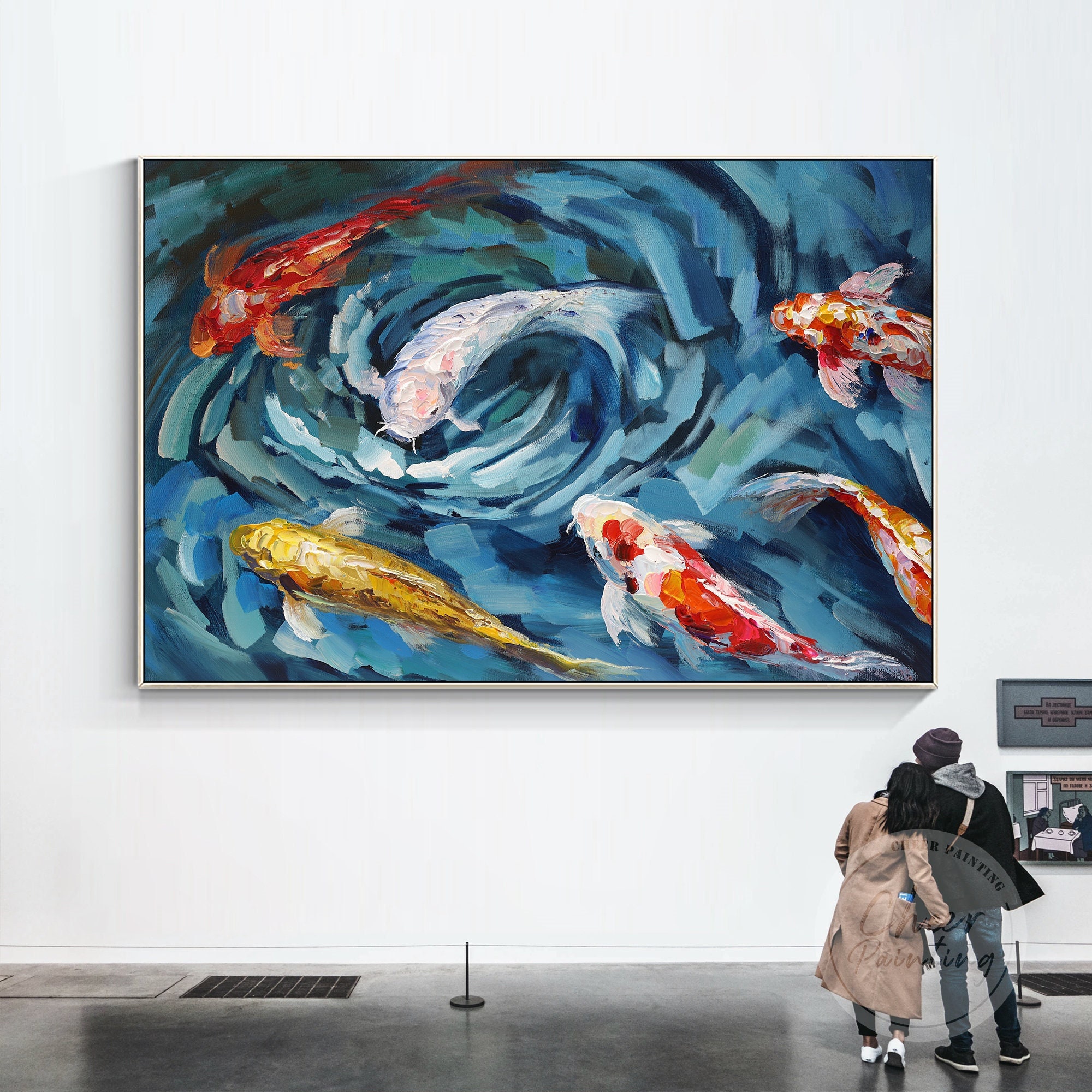 オリジナルの鯉の油絵：額入り抽象風水壁アート - Etsy 日本
