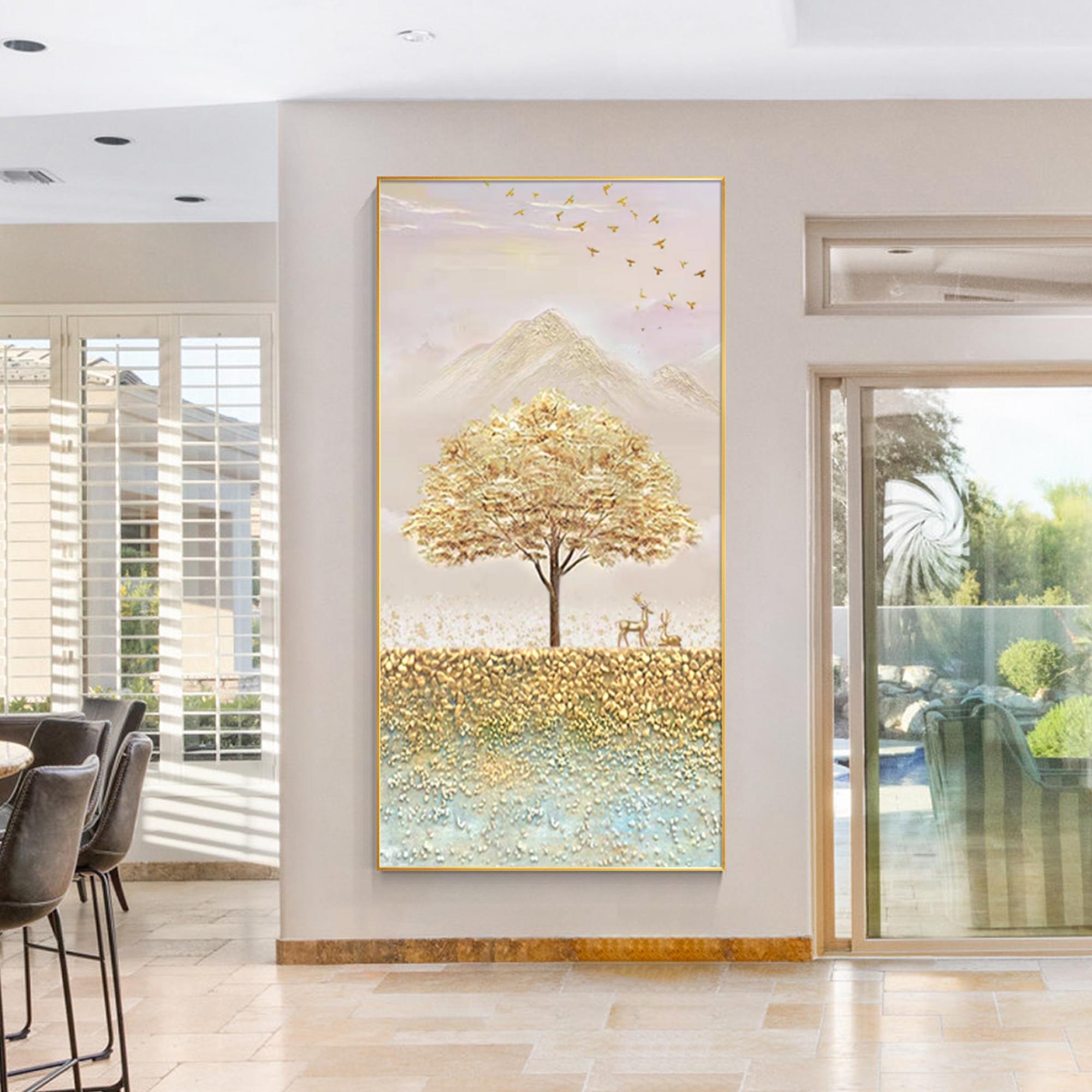 3D金箔の木の絵画：額入り風景壁アート - Etsy 日本