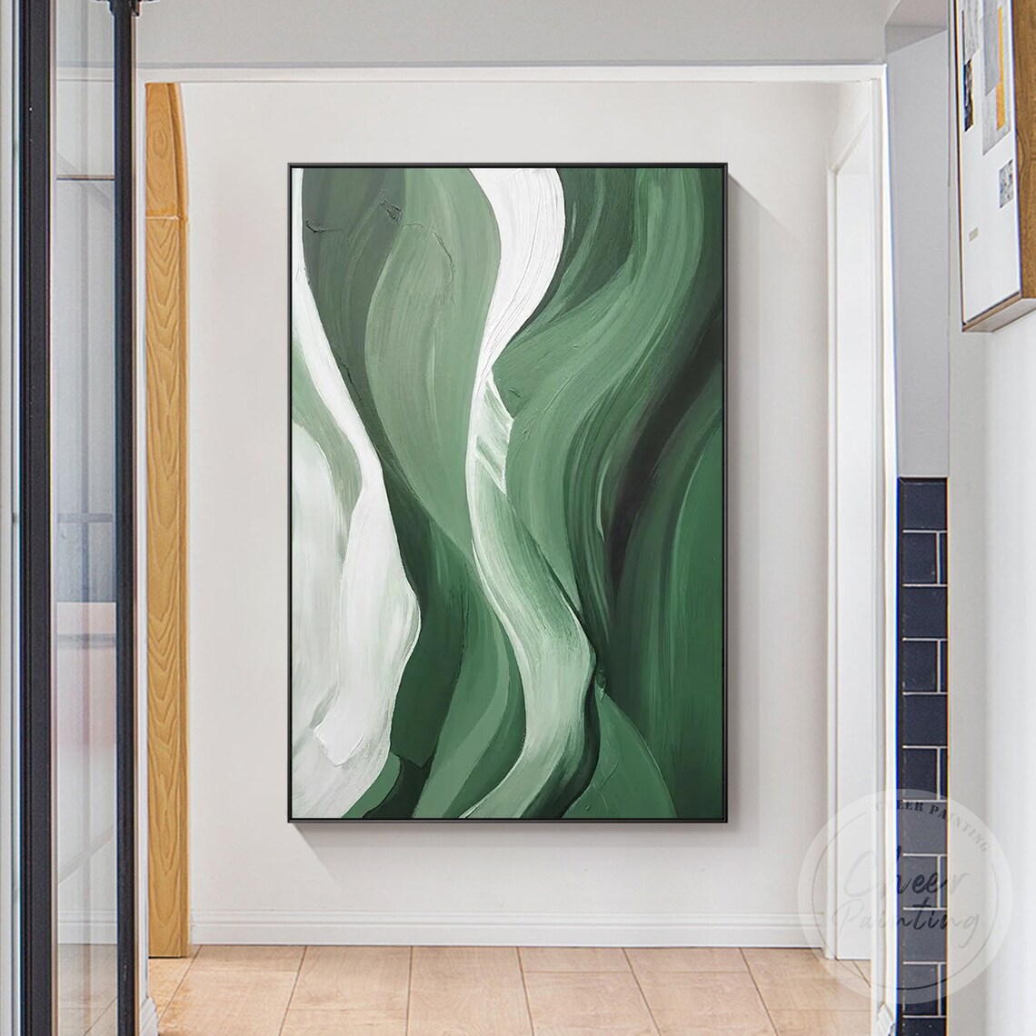 Green Silk Abstract Painting White Hunter Green Wall Art Etsy