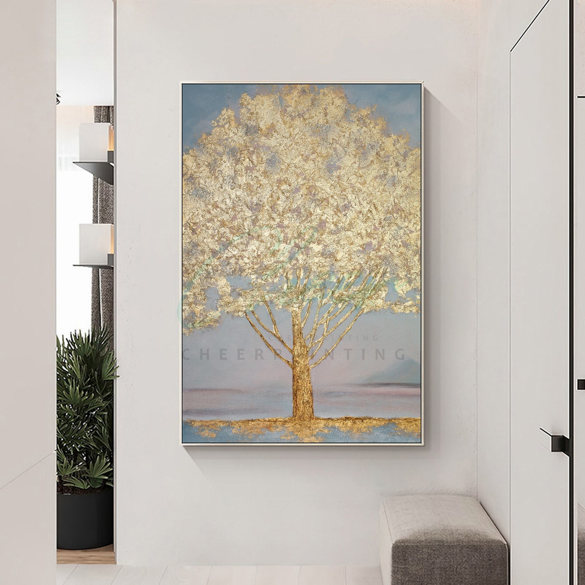 Gold Tree Painting: Original Acrylic Landscape, Framed Canvas Wall Art ...