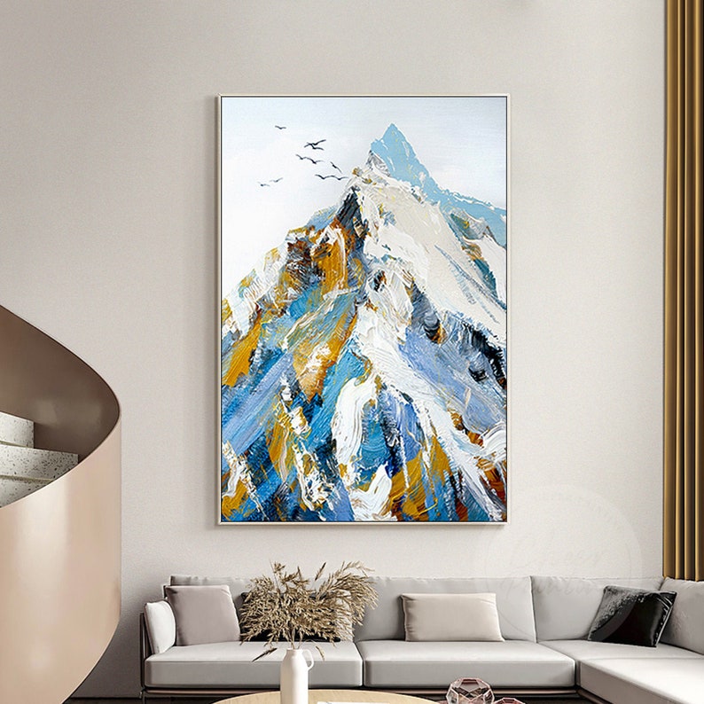 Hand shops painted original landscape abstract wall art snow mountain framed large canvas oil painting gold leaf acrylic heavy texture home decor