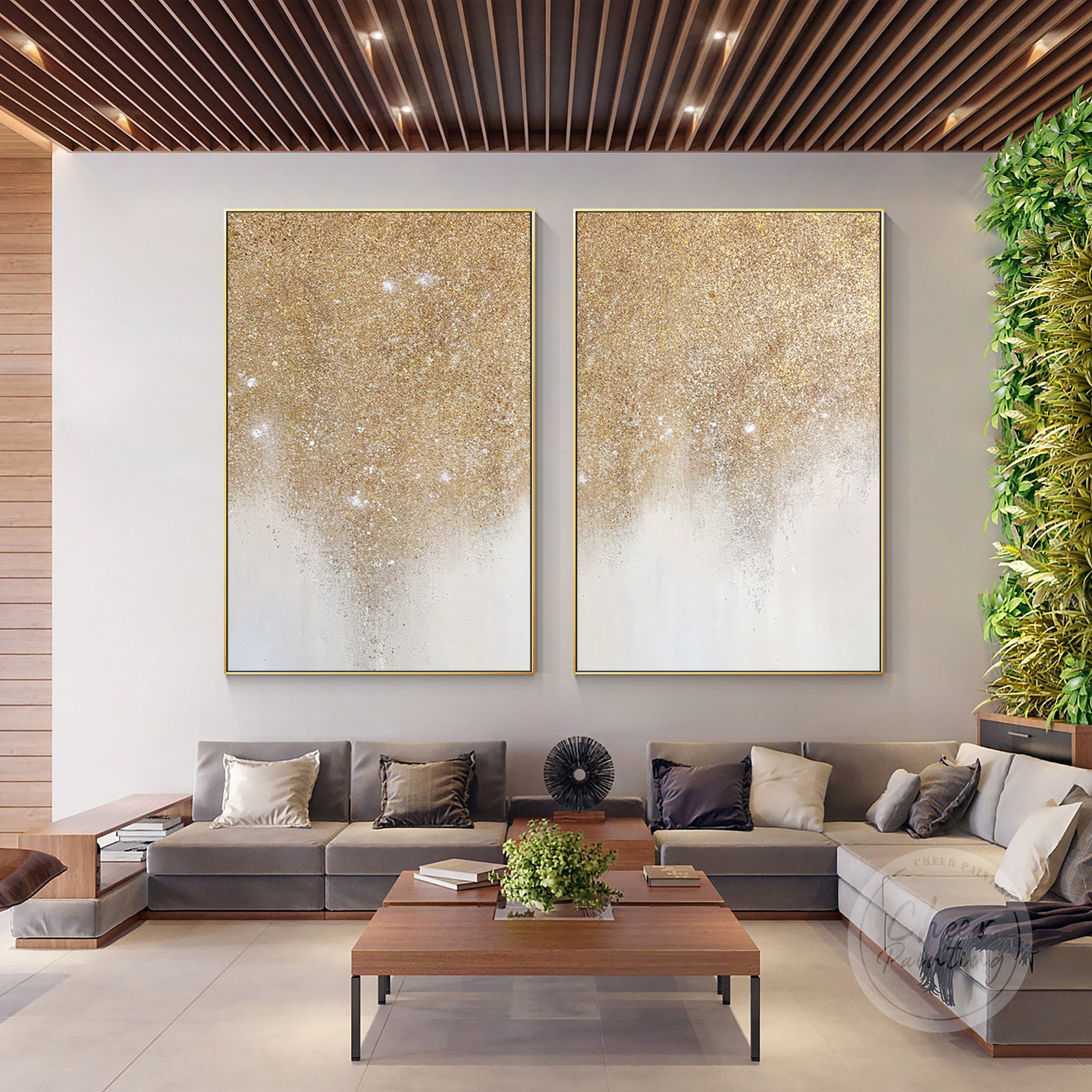 Set of 2 Gold Glitter Abstract Painting Luxurious Pale Gold Etsy