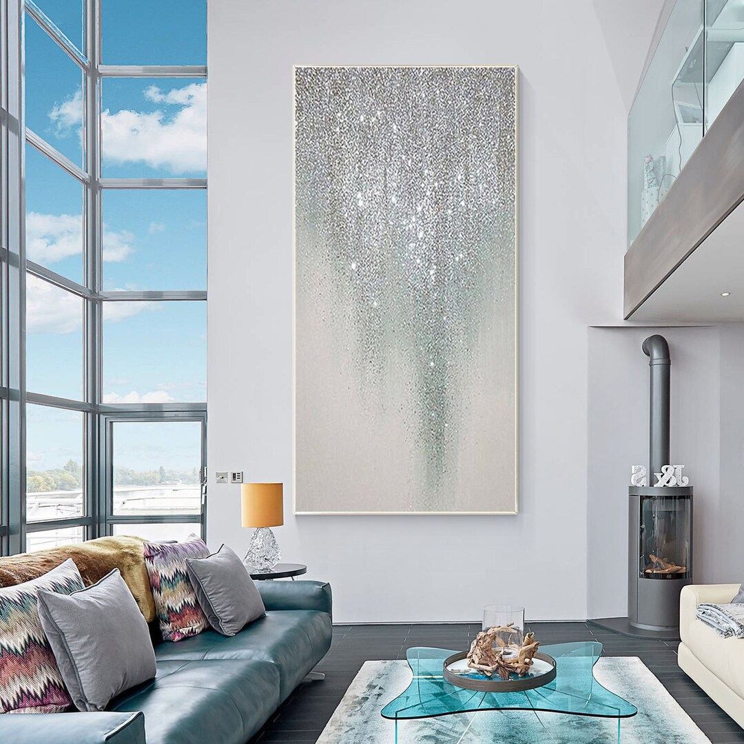 Large Silver Glitter Wall Art,silver Painting,silver Glitter Painting,kitchen Decor,textured