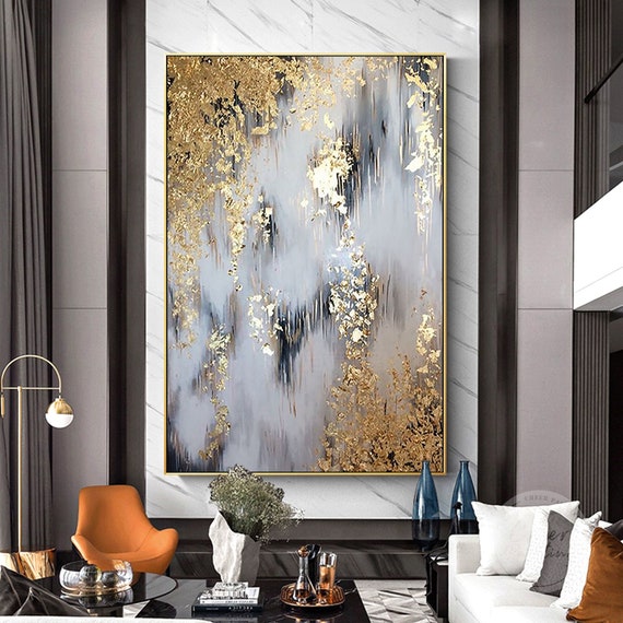 Gold Minimalist Abstract Art Painting gold Leaf Gray Original