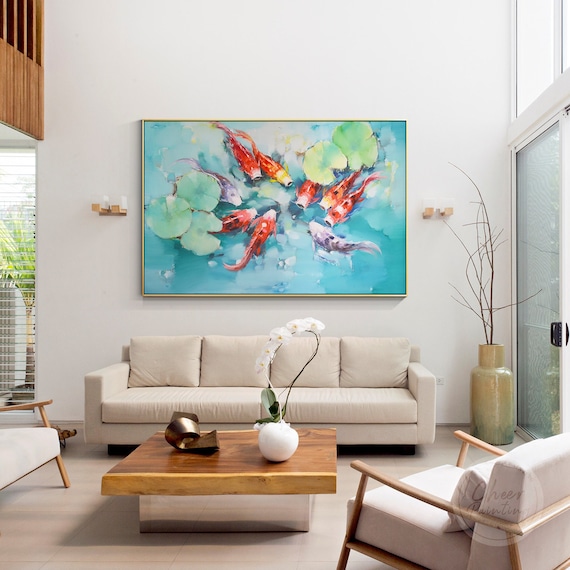 Koi Fish Painting 9 Koi Feng Shui Wall Art Gray Red Fish Green Etsy