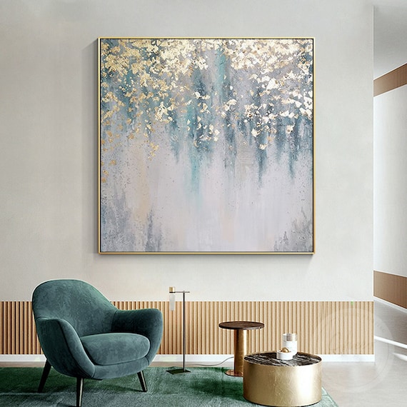 Gold Leaf Abstract Painting on Canvas Large Square Wall Art Framed living Room Decor Teal Green Textured Best Seller Unique Modern Wall Art