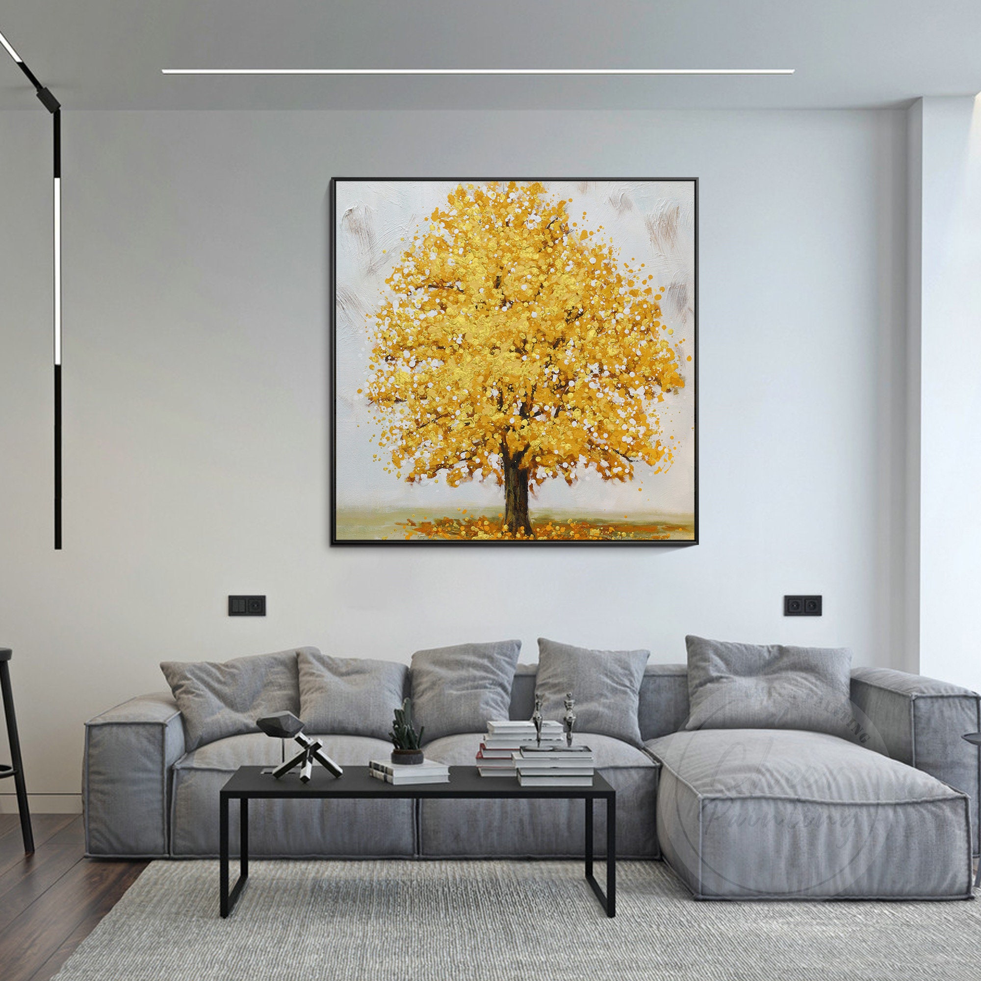 Hand Painted Wall Art Gold Leaf Tree Abstract Landscape Acrylic Texture ...