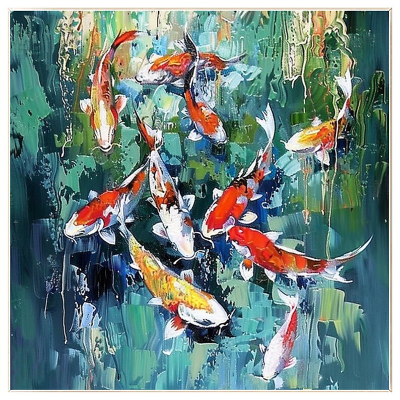 May include: An oil painting of koi fish swimming in a pond. The fish are orange, white, and yellow, with a dark green and blue background. The brushstrokes are visible, creating a textured effect.