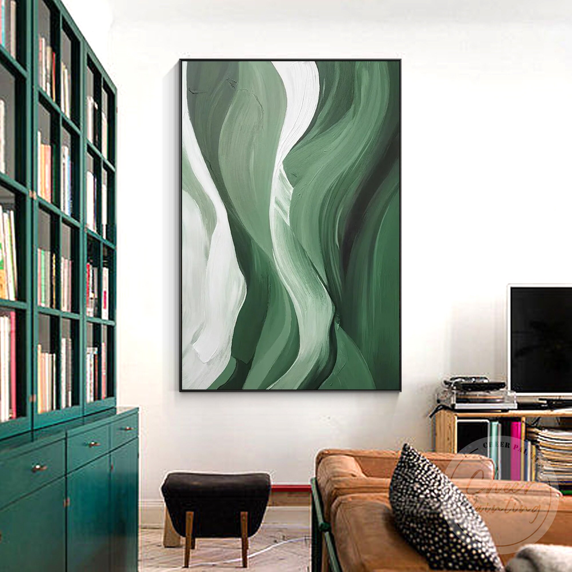 Green Silk Abstract Painting White Hunter Green Wall Art Etsy