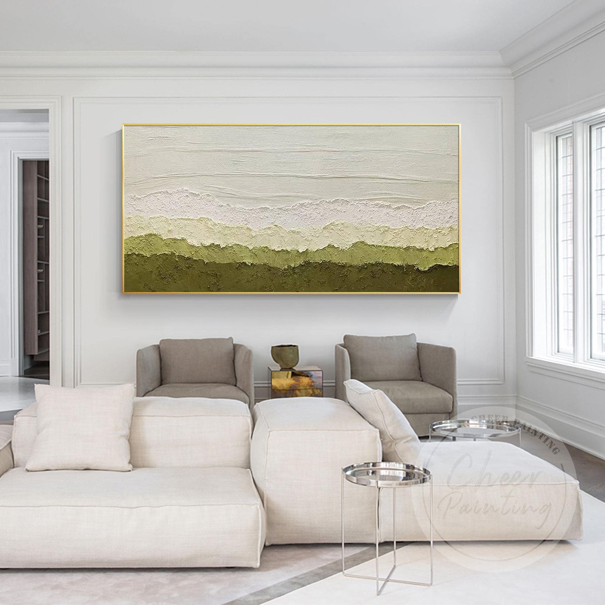 Sage Green Abstract Landscape Painting: Textured Minimalist Wall Art ...