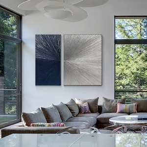 Navy Blue & Silver Abstract Painting Set: Modern Textured Wall Art