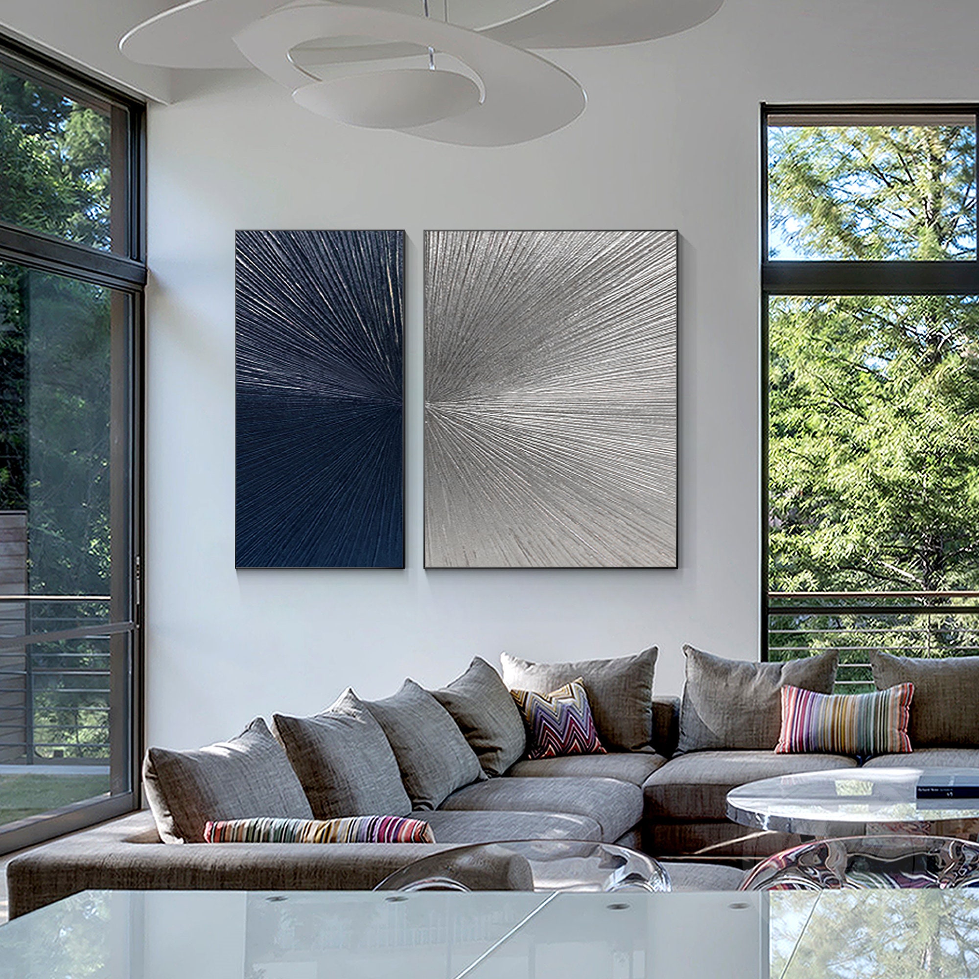 Set of 2 Navy Blue Silver Laser Abstract Painting 2 Pieces Modern Abstract Textured Art Silver Leaf Minimalist Framed Wall Art Oversized Art