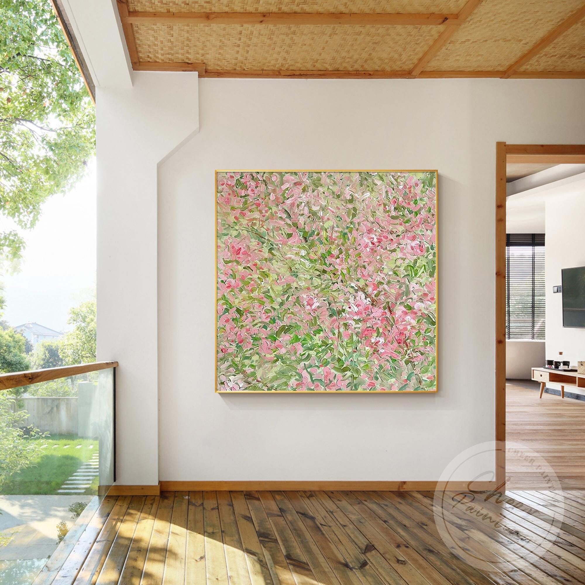 Hand-Painted Floral Oil Painting: Pink & Green Spring Blossom Canvas Art