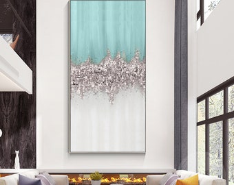 Light Blue Silver Painting Luxury Abstract Art Silver Wave Fancy Framed Wall Art Original Oil Painting Rectangular Large Living Wall Decor