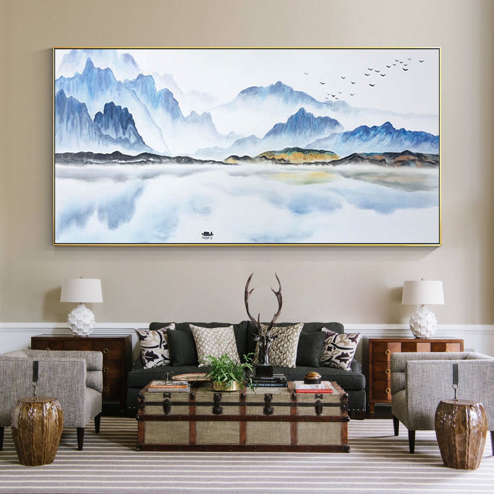 Oriental Mountain Watercolor Paintinglight Blue White - Etsy