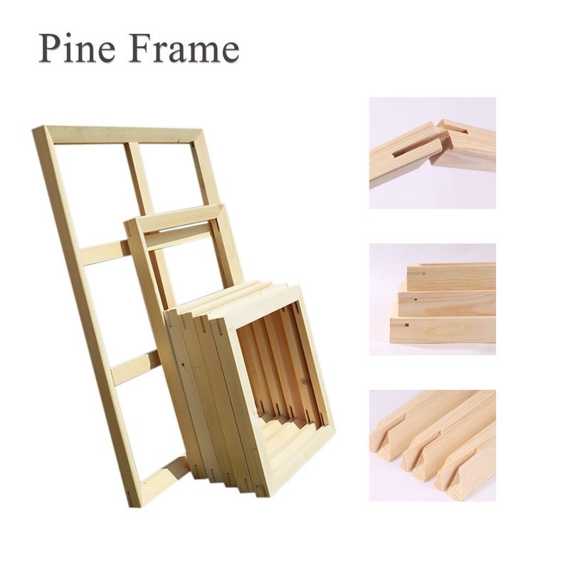 May include: Pine wood frames for canvas painting. The frames are made of natural wood and have a smooth finish. The frames are stacked on top of each other, showing the different sizes available. The text "Pine Frame" is visible at the top of the image.
