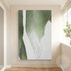 Botanical Green Leaf Painting 3D Textured Art Large Abstract Painting White Texture Original Painting Tropical Wall Art Plants Painting