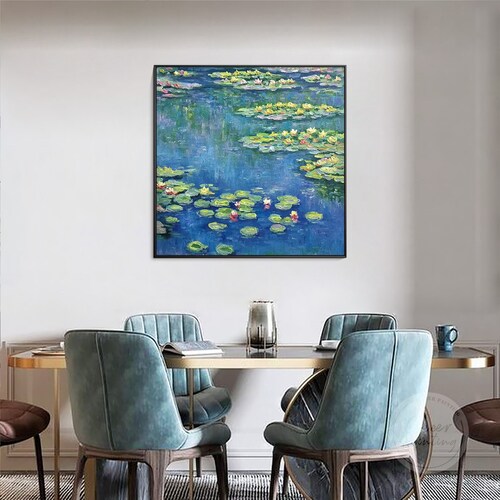 Monet abstract water lily famous shops hand painted wall art large canvas framed oil painting blue acrylic heavy texture living room home decor