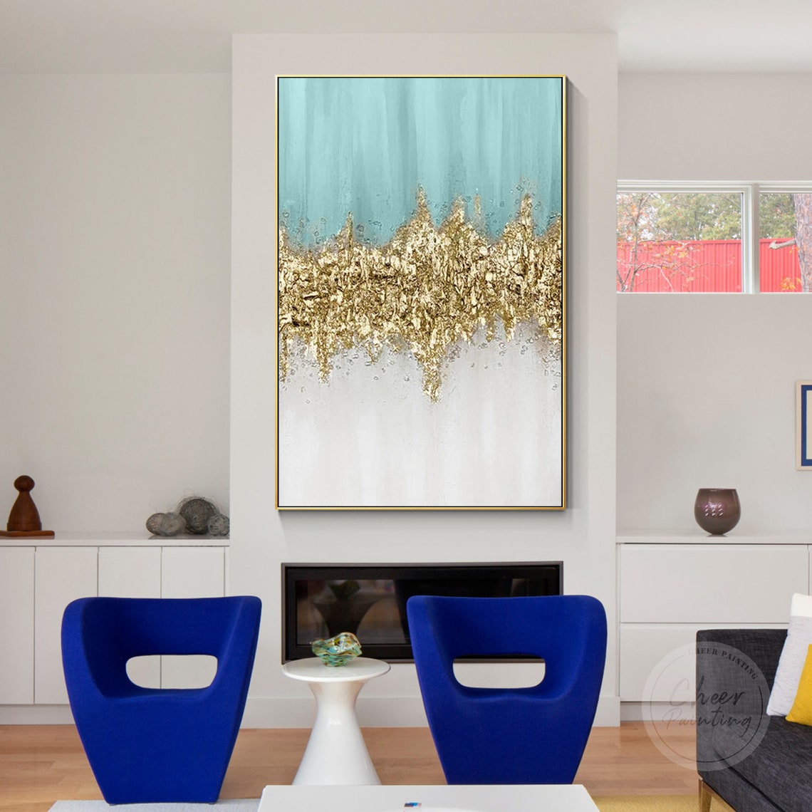 Modern Art Light Blue Gold Wave Abstract Painting Texture Wall - Etsy