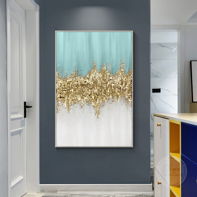 Modern Art Light Blue Gold Wave Abstract Painting Texture Wall | Etsy
