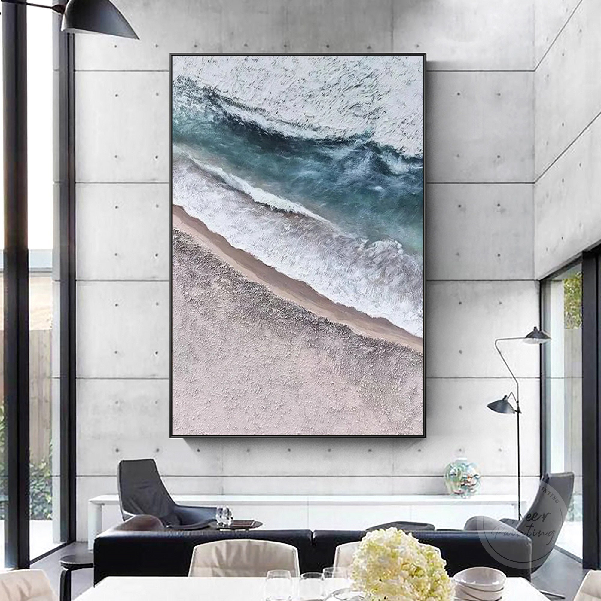 オリジナルの海景油絵：ティールシーウェーブ抽象画、額入りキャンバス