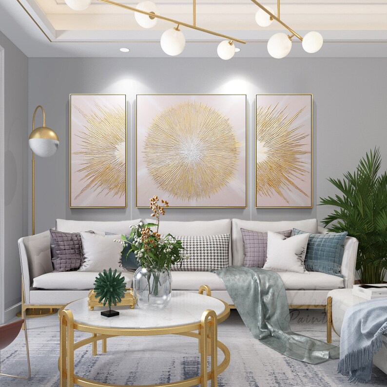 Set of 3 Abstract Gold Geometric Wall Art Hand Painted Framed Etsy