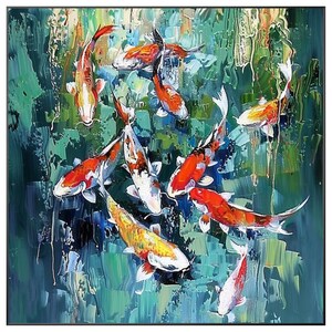 May include: An oil painting depicts koi fish swimming in a pond. The fish are orange, white, and yellow, with a textured brushstroke effect. The water is a mix of green and blue, creating a sense of depth and movement.