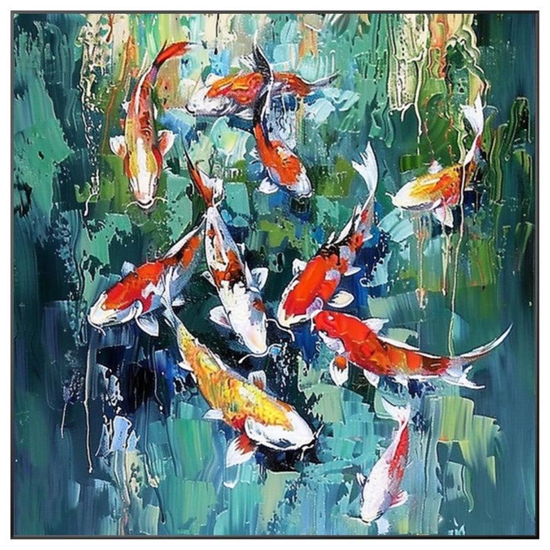 May include: An oil painting depicts koi fish swimming in a pond. The fish are orange, white, and yellow, with a textured brushstroke effect. The water is a mix of green and blue, creating a sense of depth and movement.