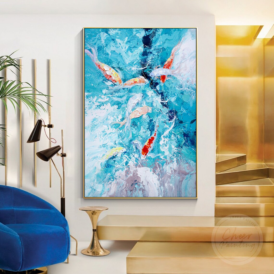 Light Blue Koi Fish Painting Feng Shui Art Impressionist | Etsy