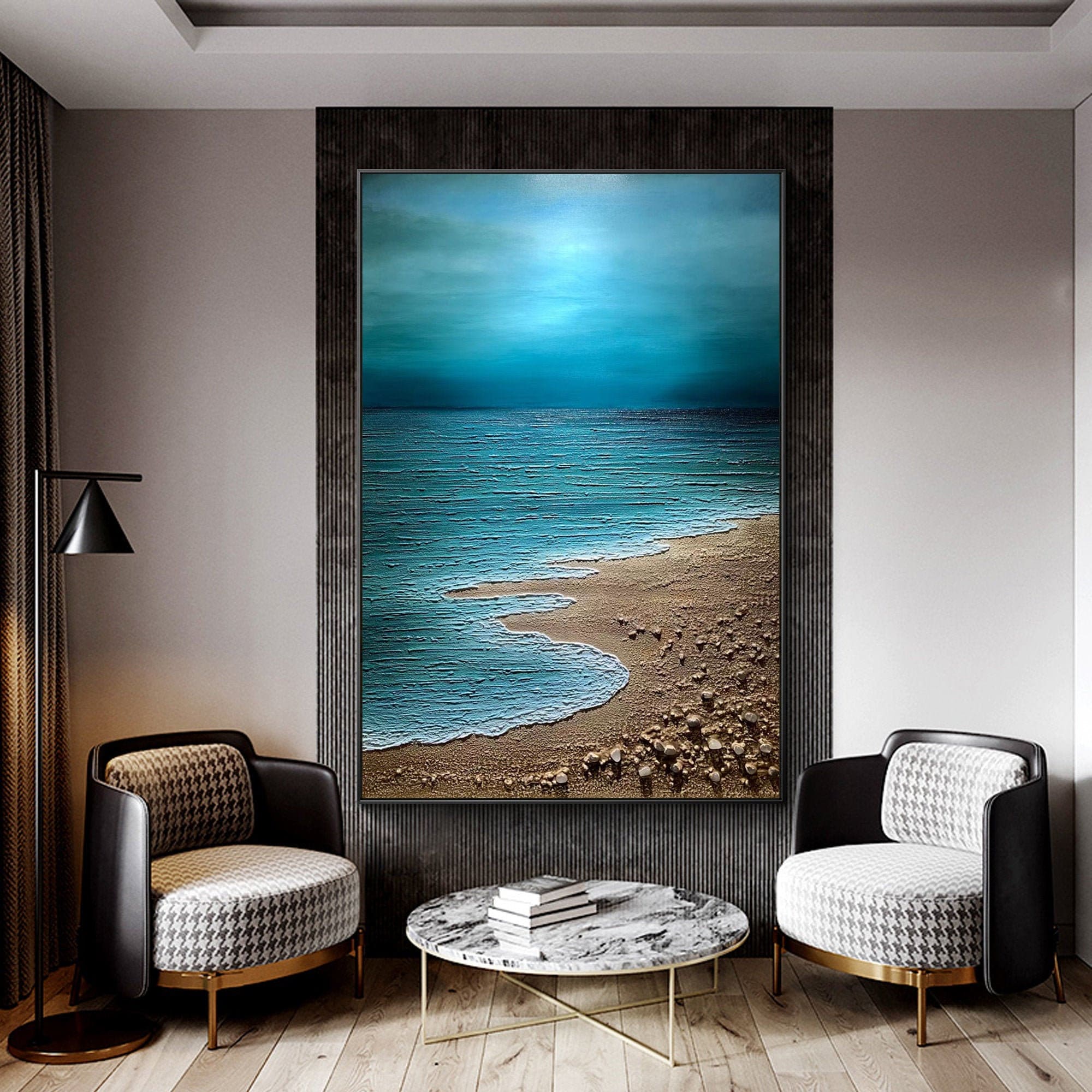 人気スポー新作 Night Seascape Large Oil Painting,original Beach Painting,3d サーフィン・ボディボード