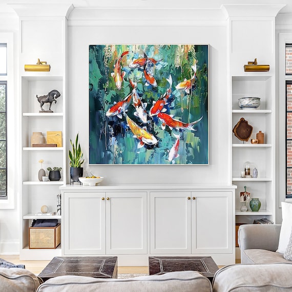 Original Koi Fish Painting,Feng Shui Wall Art,green wall art.large koi wall art,large framed art,living room art,home decor,abstact wall art