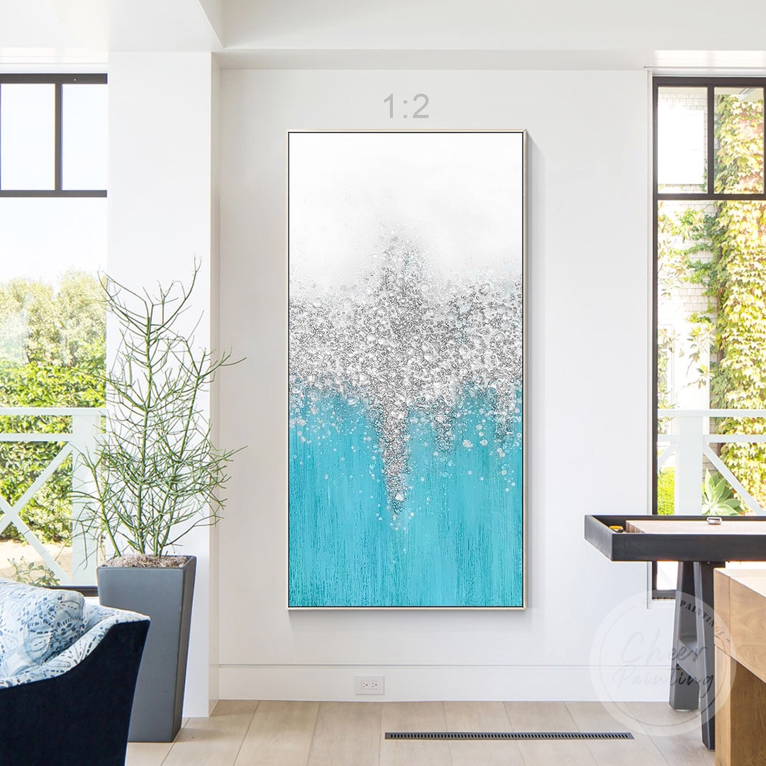 Modern Abstract Resin Art Teal Blue Silver Abstract Painting Luxury 3D