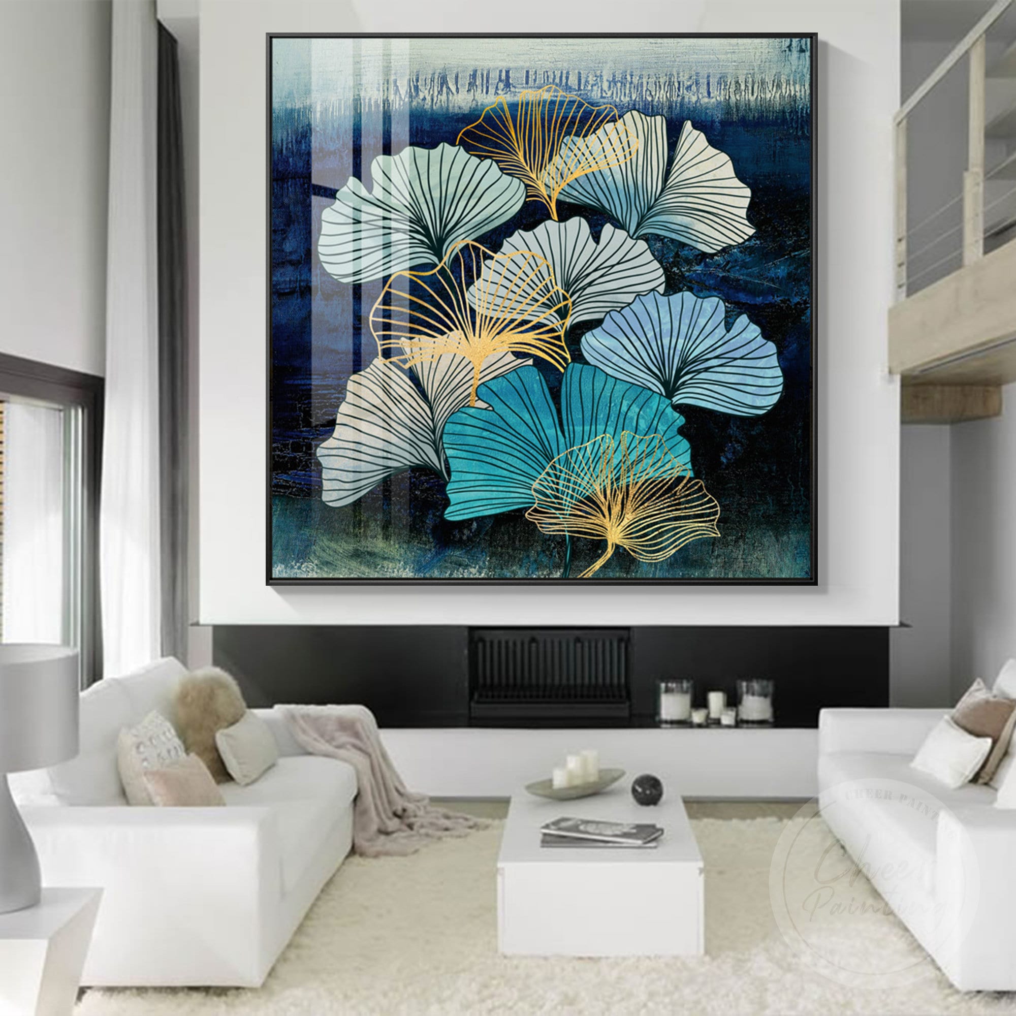 Ginkgo Leaf Acrylic Painting Green Blue Gold Line Lotus Leaf