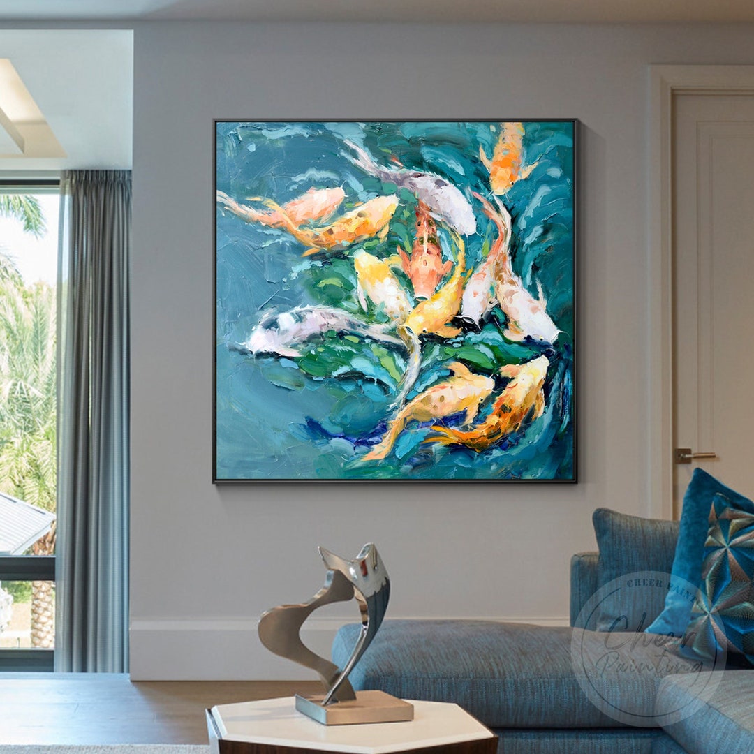 Orange White Koi Fish Painting Feng Shui Framed Wall Art Teal Blue ...