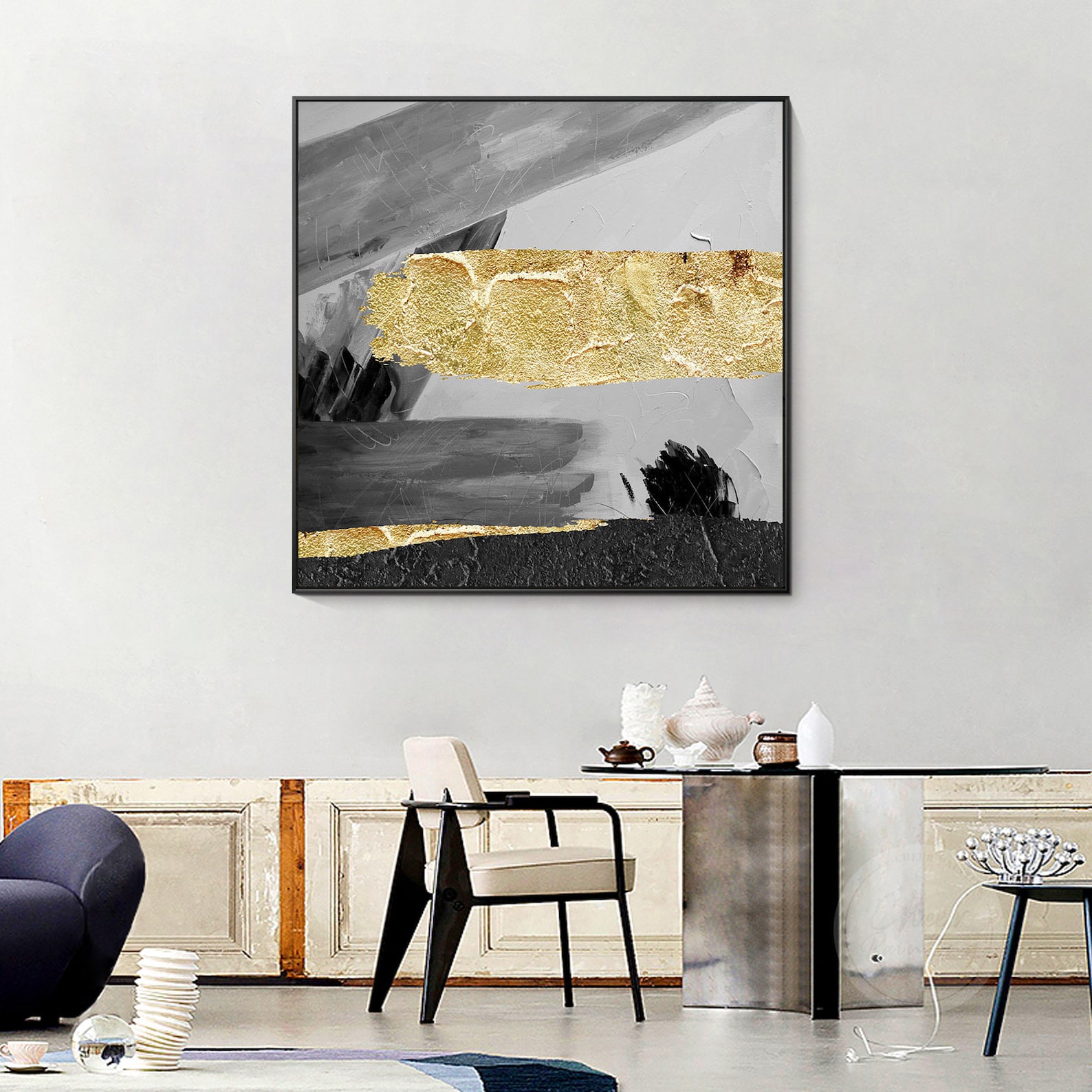Abstract Gold Leaf Painting on Canvas Original Large Framed Etsy