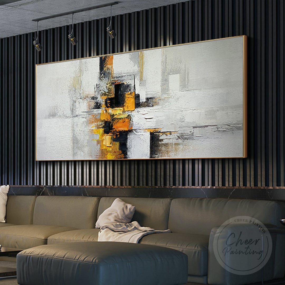 Large Modern Abstract Canvas Painting - Black Yellow Wall Art For Living Room & Bedroom (24x48")