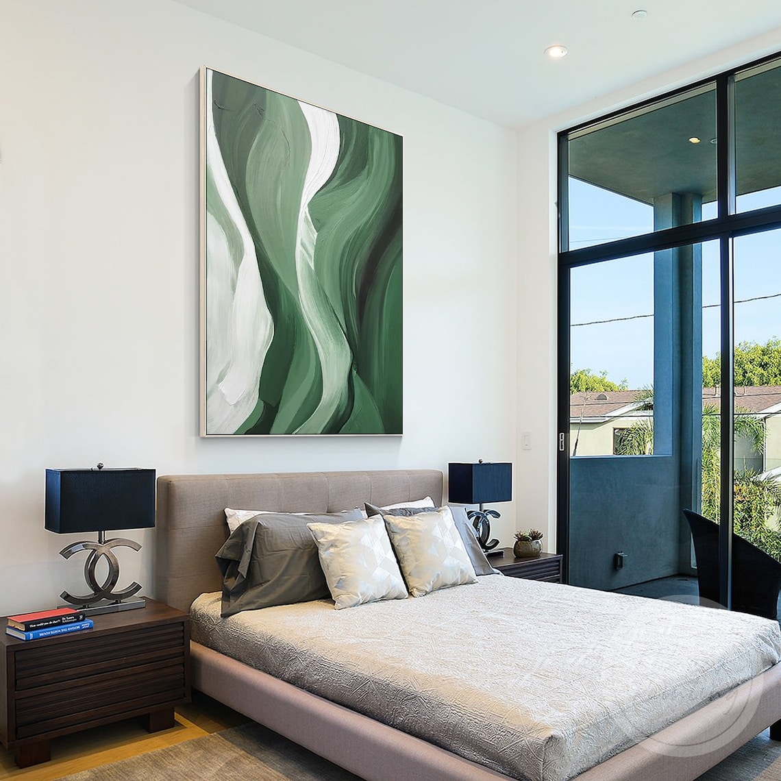 Green Silk Abstract Painting White Hunter Green Wall Art Etsy